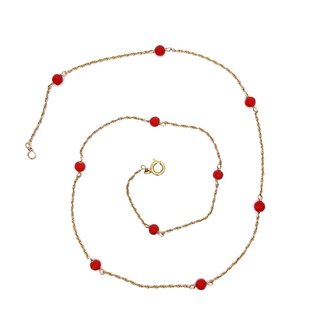 Unbranded 14k Yellow Gold Rope Link Necklace with 10 Coral Stations: Unbranded 14k Yellow Gold Rope Link Necklace with 10 Coral Stations Vintage necklace featuring 10 natural genuine coral bead stations on a fine rope link chain. Crafted in solid 14k yellow gold, this 