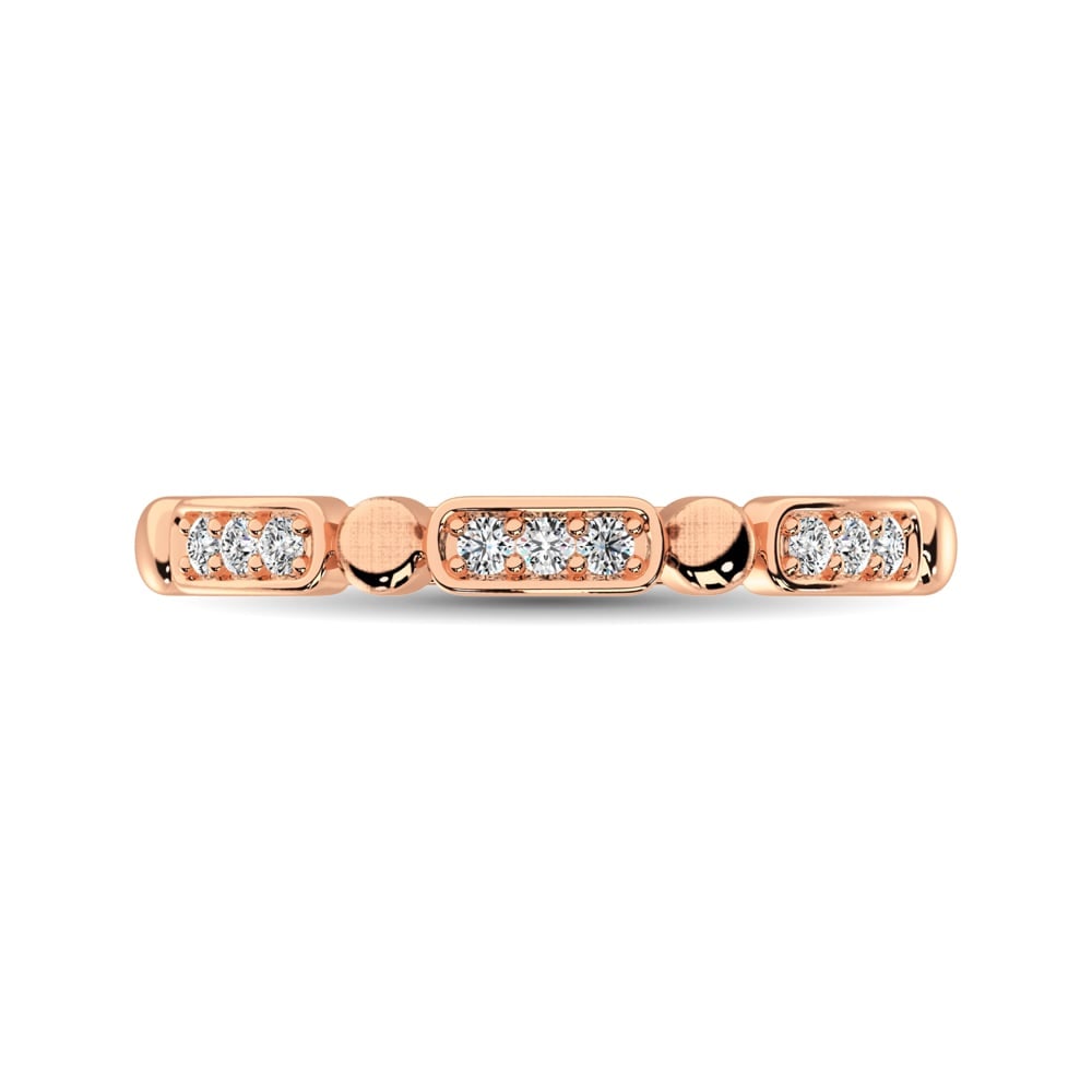 14K Rose Gold 1/10 Ct.Tw. Diamond Stackable Band: 14K Rose Gold 1/10 Ct.Tw. Diamond Stackable Band This glamorous ring is available in 14K Rose Gold. There are 9 round diamonds with a total carat weight of 1/10 Ct.Tw. set in a Shared Prong setting. 1