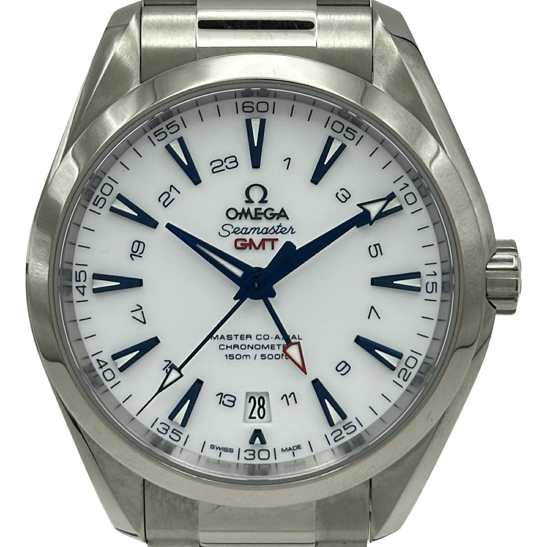 OMEGA 231.90.43.22.04.001 Seamaster Aqua Terra 150M GMT Titanium Watch: OMEGA 231.90.43.22.04.001 Seamaster Aqua Terra 150M GMT Titanium Watch This pre-owned OMEGA Seamaster Aqua Terra 150M Master Co-Axial Chronometer GMT men's wristwatch features a white dial and titaniu