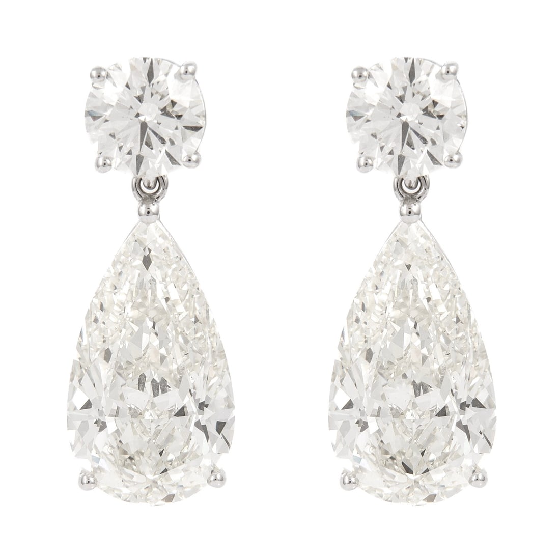 12.49ct Diamond Drop Earrings with GIA Pear and Round Stones in 18k White Gold: 12.49ct Diamond Drop Earrings with GIA Pear and Round Stones in 18k White Gold Discover the elegance of these exquisite detachable stud earrings designed in high jewelry fashion. Crafted from 18k whit