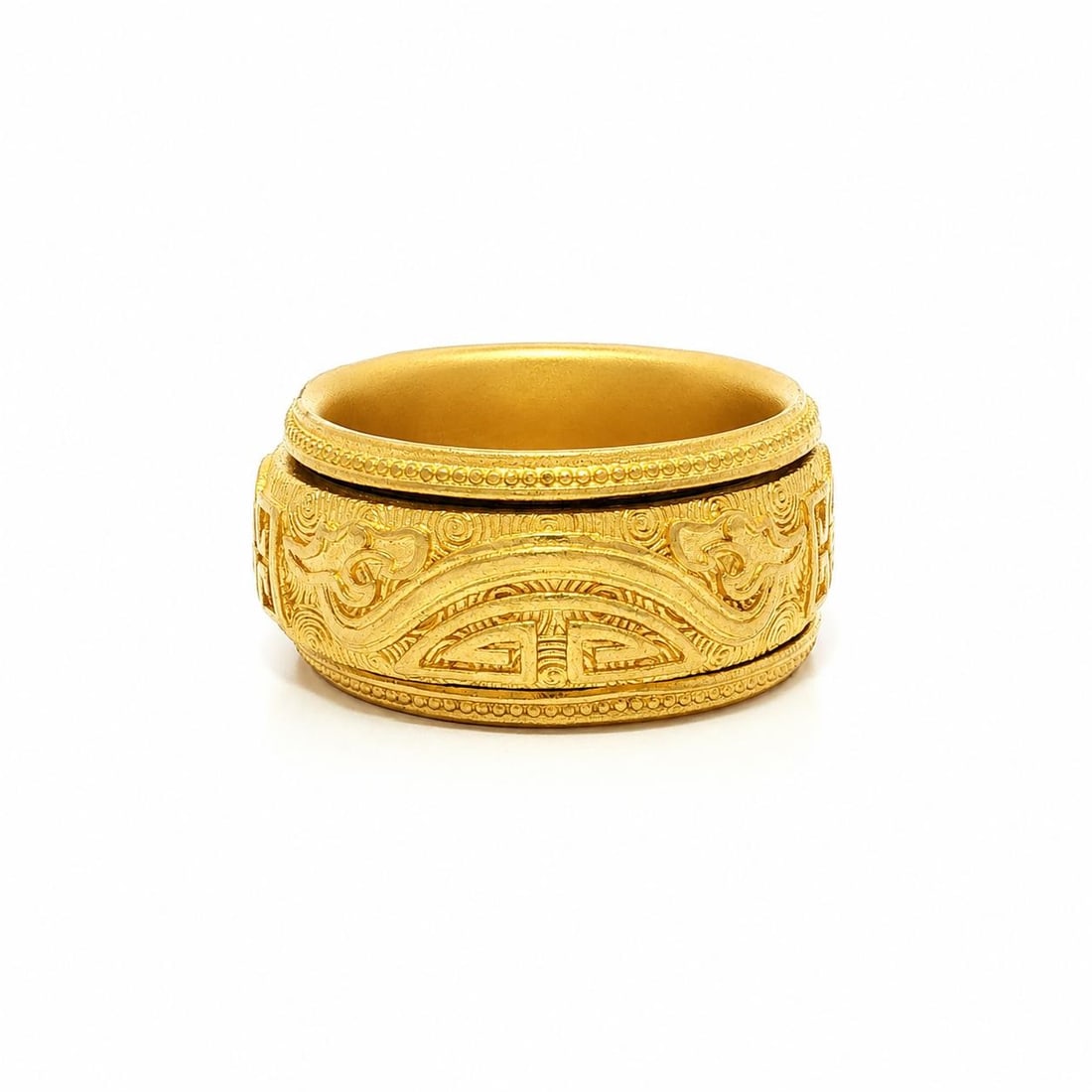 Unbranded 24k Yellow Gold Dragon Chinese Symbol Spinner Ring Size 9: Unbranded 24k Yellow Gold Dragon Chinese Symbol Spinner Ring Size 9 Wide unisex cocktail band ring in solid 24k yellow gold with a spinning center featuring Chinese symbol and dragon motifs. This pre-