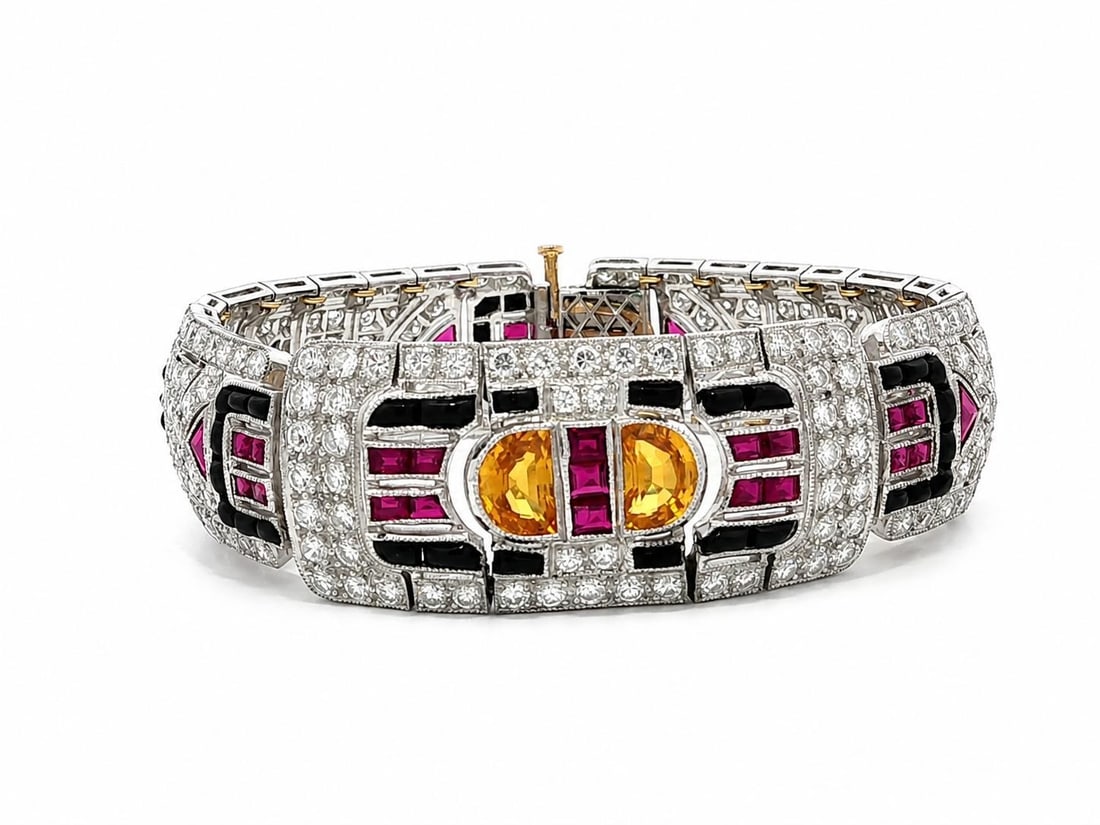 18k Gold Mosaic Bracelet with Ruby Citrine Onyx and Diamonds: 18k Gold Mosaic Bracelet with Ruby Citrine Onyx and Diamonds This vintage Egyptian Revival bracelet features an intricate mosaic design crafted from solid 18k white gold with a yellow gold clasp. The 