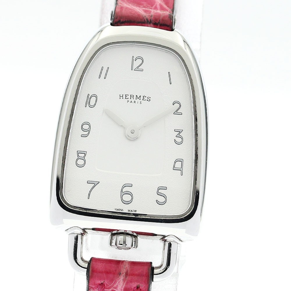 Hermes Gallop GA1.110 womens quartz wristwatch stainless steel leather: Hermes Gallop GA1.110 womens quartz wristwatch stainless steel leather Pre-owned Hermes Galop quartz women's wristwatch with a stainless steel case, silver dial, and leather strap. This watch-only off