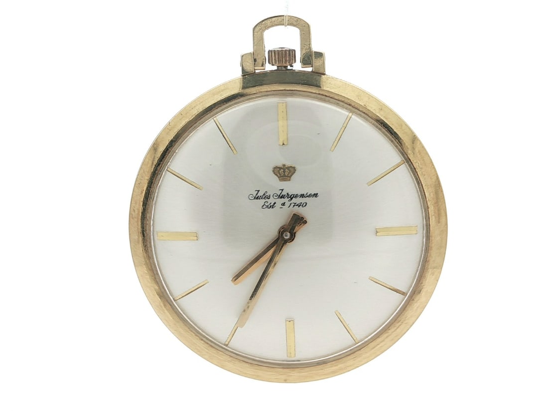 14k Yellow Gold Jules Jurgensen 40mm Manual Open Face Pocket Watch Caliber P330: 14k Yellow Gold Jules Jurgensen 40mm Manual Open Face Pocket Watch Caliber P330 This vintage Jules Jurgensen pocket watch features a slim, open-face design crafted from solid 14k yellow gold. The watc