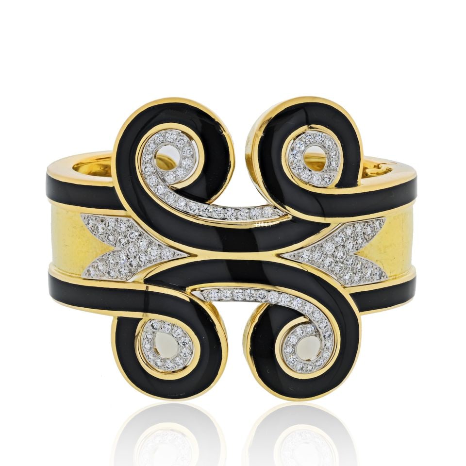 David Webb Arabesque Cuff Bangle Bracelet Platinum 18K Gold Black Enamel Diamonds 3 Cts: David Webb Arabesque Cuff Bangle Bracelet Platinum 18K Gold Black Enamel Diamonds 3 Cts This stunning David Webb cuff bangle bracelet showcases a luxurious blend of platinum and 18K yellow gold, desig