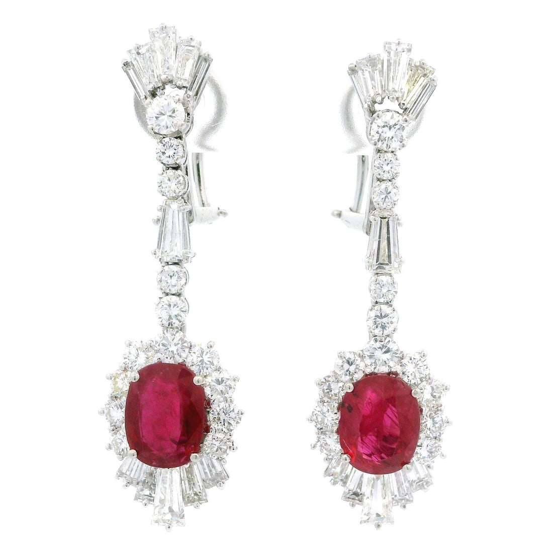 Platinum Handmade Dangle Earrings with GIA Certified Ruby and Diamond 8.15ctw: Platinum Handmade Dangle Earrings with GIA Certified Ruby and Diamond 8.15ctw These vintage dangle earrings feature two vivid red, natural cushion-cut rubies with a combined weight of approximately 3.
