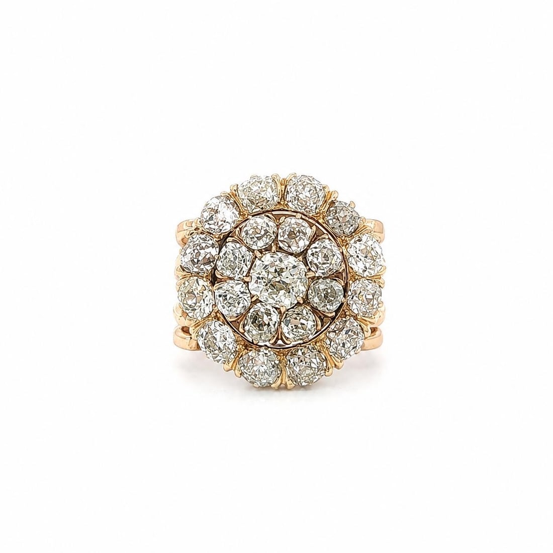 Victorian Diamond Cluster Cocktail Ring 4ctw Old Mine Cut Rosy Yellow Gold: Victorian Diamond Cluster Cocktail Ring 4ctw Old Mine Cut Rosy Yellow Gold Antique Victorian cluster platter ring featuring old mine cut natural diamonds in a rosy yellow gold setting. This women's co