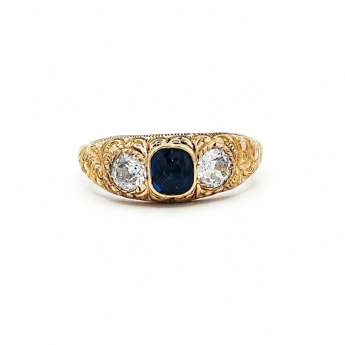 Victorian yellow gold cocktail ring with sapphire and old cut diamonds (1 of 13)