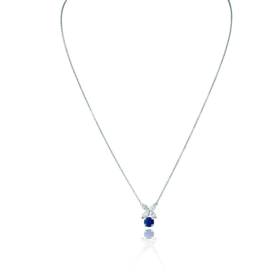 Victoria Collection Platinum Pendant with Diamonds and Sapphire by Tiffany & Co.: Victoria Collection Platinum Pendant with Diamonds and Sapphire by Tiffany & Co. This Tiffany & Co. Victoria pendant is expertly crafted in platinum and features four marquise-shaped diamonds totaling