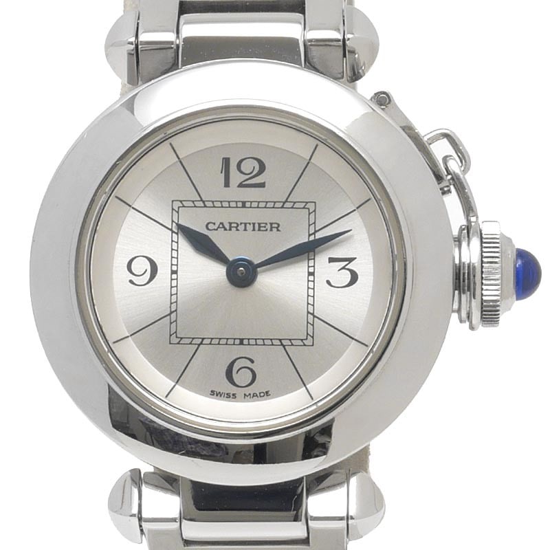 Cartier Miss Pasha women's quartz wristwatch W3140007 silver dial steel: Cartier Miss Pasha women's quartz wristwatch W3140007 silver dial steel Pre-owned Cartier Miss Pasha women's wristwatch with a stainless steel case and bracelet, silver dial, and quartz movement. It s