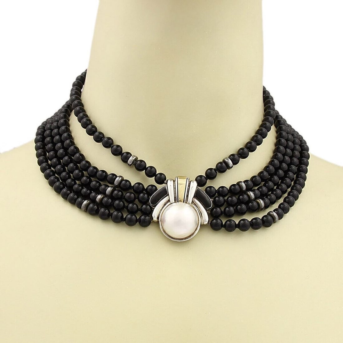 Cartier 5 Strand Choker Necklace with Mabe Pearl Onyx Beads: Cartier 5 Strand Choker Necklace with Mabe Pearl Onyx Beads Vintage Cartier choker necklace featuring a five-strand beaded design with natural black onyx beads and a sculptural clasp pendant centered 