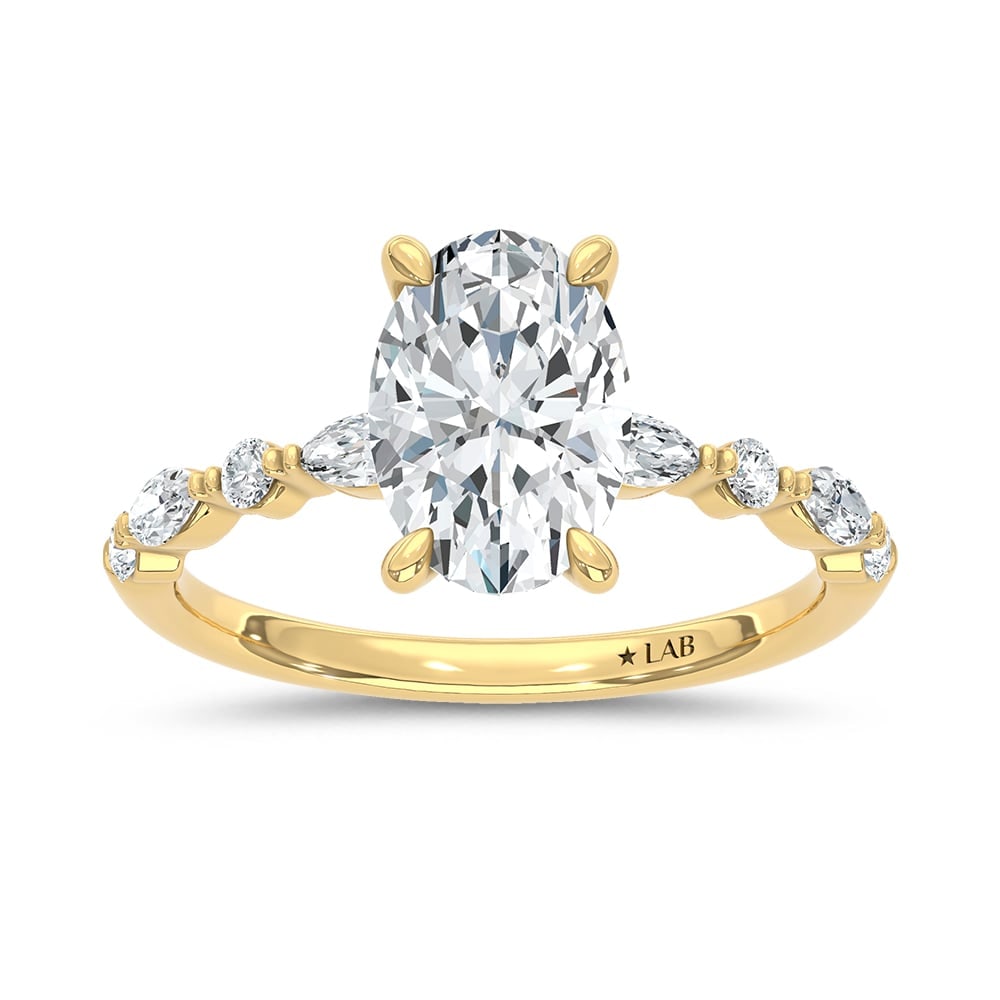 14K Yellow Gold Lab Grown Marquise and Round Diamond 2 1/3 Ct.Tw. Engagement Ring With Oval Center: 14K Yellow Gold Lab Grown Marquise and Round Diamond 2 1/3 Ct.Tw. Engagement Ring With Oval Center 14k Yellow Gold Stone Color: D-f Stone Clarity: Vs Each ring is presented in standard size 6.5. Compl