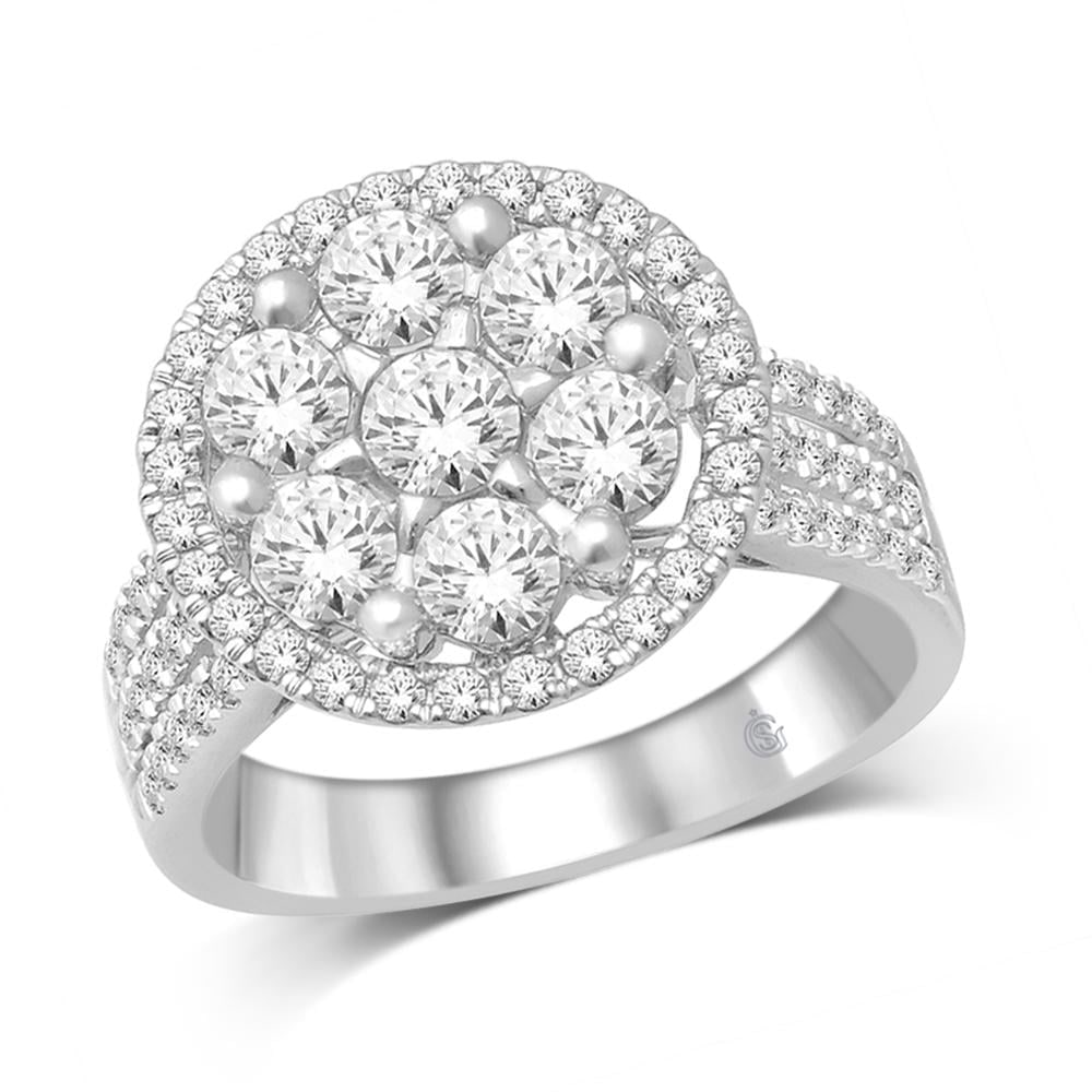 14K White Gold 2 Ct.Tw. Diamond Fashion Ring: 14K White Gold 2 Ct.Tw. Diamond Fashion Ring This eye-catching ring is available in 14K White Gold. There are 77 round diamonds with a total carat weight of 2 Ct.Tw. set in a invisible setting / micro