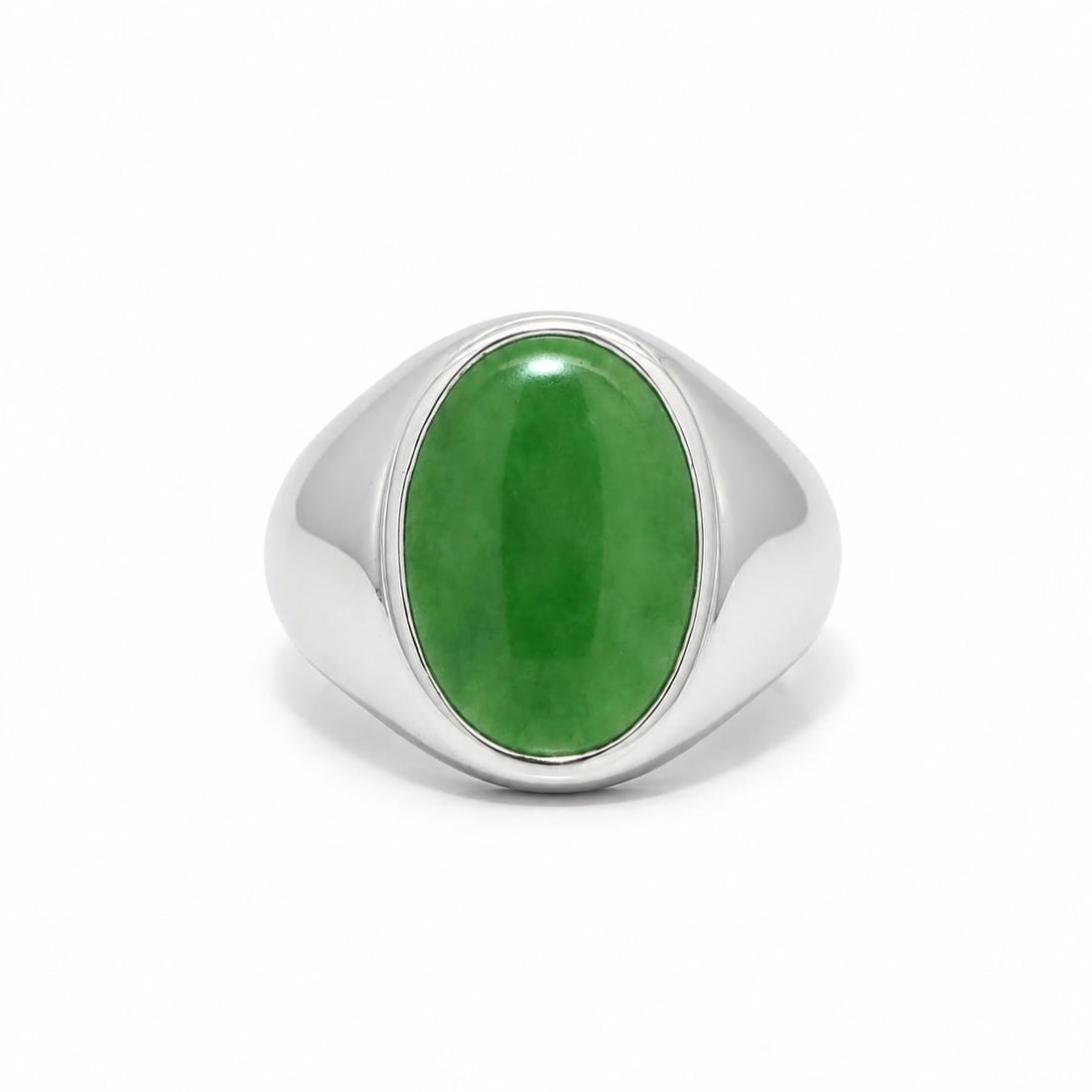 Unbranded 14k White Gold Jadeite Jade Ring with GIA Burma A Cabochon: Unbranded 14k White Gold Jadeite Jade Ring with GIA Burma A Cabochon Vintage men's band ring featuring a natural green Burma jadeite jade cabochon in a bezel-set solitaire design. Crafted in solid 14k