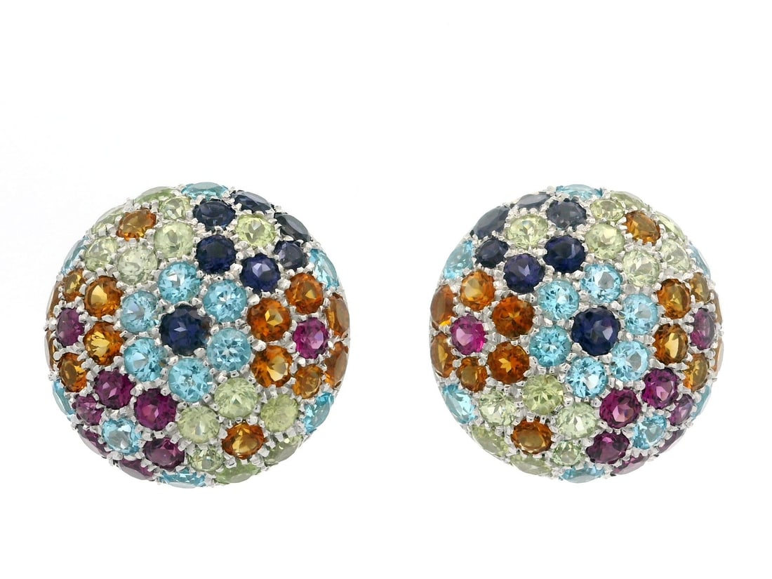 Pasquale Bruni 18K White Gold Floral Omega Earrings with Multicolor Gemstones: Pasquale Bruni 18K White Gold Floral Omega Earrings with Multicolor Gemstones Enhance your jewelry collection with these stunning Pasquale Bruni earrings, meticulously crafted from solid 18K white gol