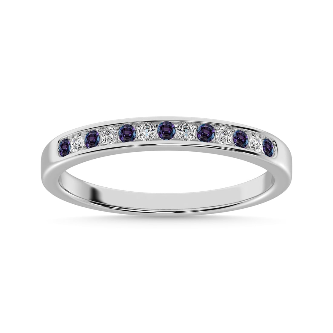 Synthetic Alexandrite and Alternate Diamond 1/5 Ct.Tw. Ladies Machine Band in 14K White Gold: Synthetic Alexandrite and Alternate Diamond 1/5 Ct.Tw. Ladies Machine Band in 14K White Gold 14k White Gold Stone Color: G-h Stone Clarity: Si2 Each ring is presented in standard size 6.5. Complimenta