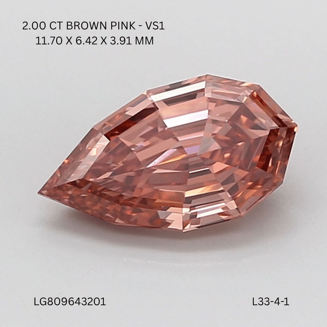 Loose Diamond - PEAR 2.0ct Fancy Vivid Brown Pink VS1: Loose Diamond - PEAR 2.0ct Fancy Vivid Brown Pink VS1 Source: This is a real non-mined Diamond that has been grown in a lab Shape: PEAR Carats: 2.0 Color: Fancy Vivid Brown Pink Certification: IGI Vid