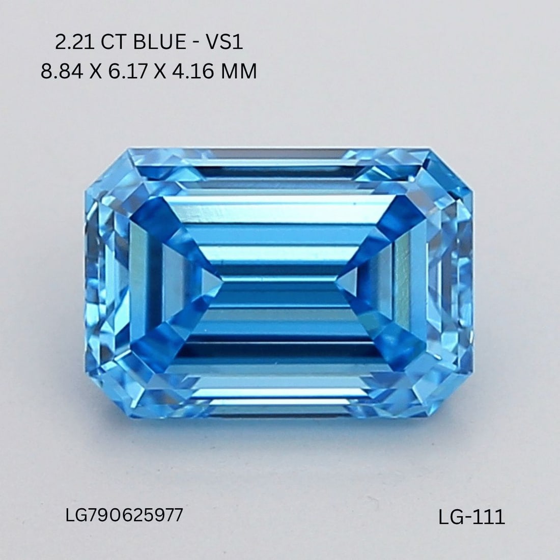 Loose Diamond - EMERALD 2.21ct Fancy Vivid Blue VS1: Loose Diamond - EMERALD 2.21ct Fancy Vivid Blue VS1 Source: This is a real non-mined Diamond that has been grown in a lab Shape: EMERALD Carats: 2.21 Color: Fancy Vivid Blue Certification: IGI Video: