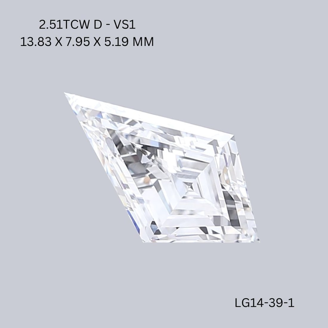 Loose Diamond - KITE 2.51ct D VS1: Loose Diamond - KITE 2.51ct D VS1 Source: This is a real non-mined Diamond that has been grown in a lab Shape: KITE Carats: 2.51 Color: D Clarity: VS1 Certification: IGI Video: