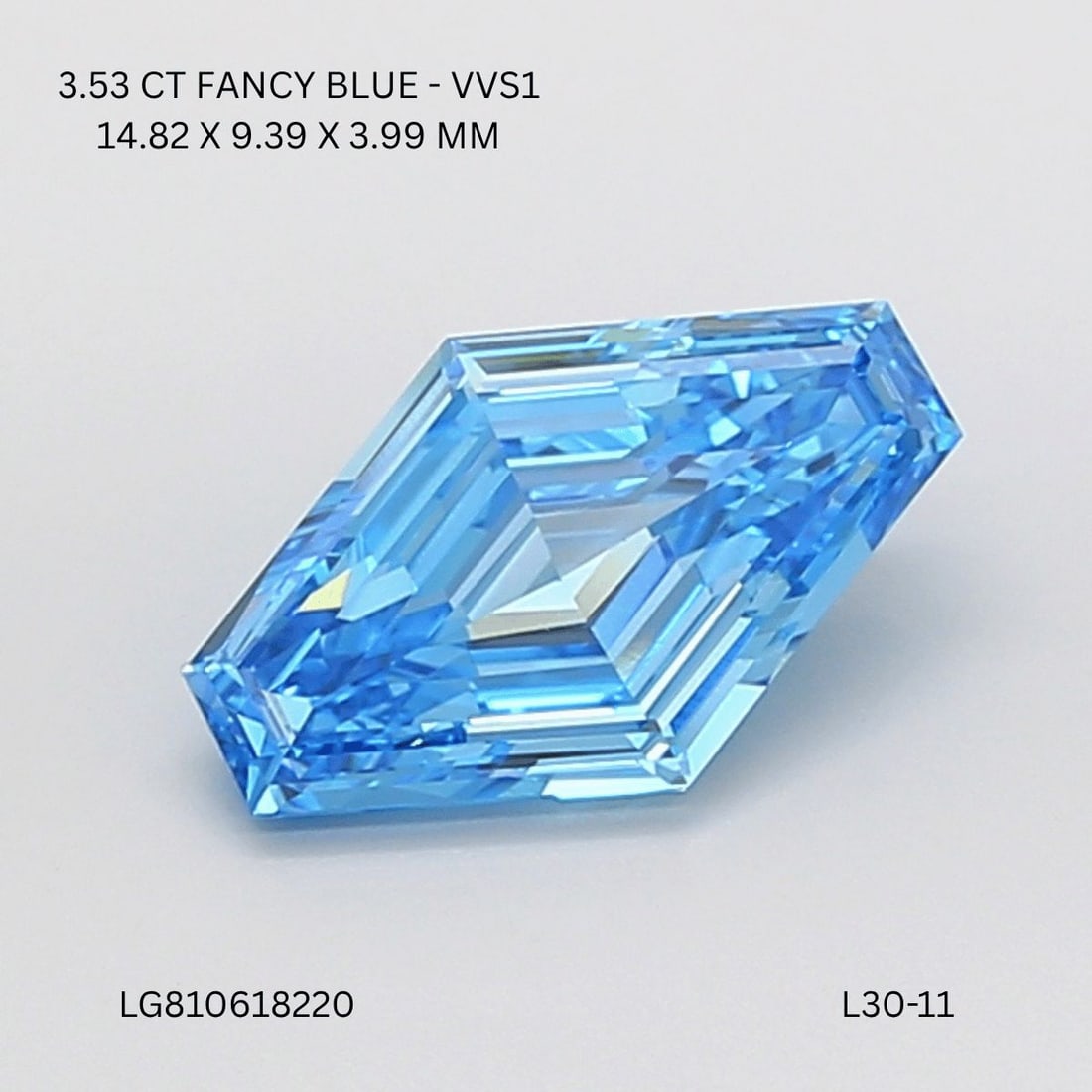 Loose Diamond - LOZENGE 3.53ct Fancy Vivid Blue VVS1: Loose Diamond - LOZENGE 3.53ct Fancy Vivid Blue VVS1 Source: This is a real non-mined Diamond that has been grown in a lab Shape: LOZENGE Carats: 3.53 Color: Fancy Vivid Blue Certification: IGI Video: