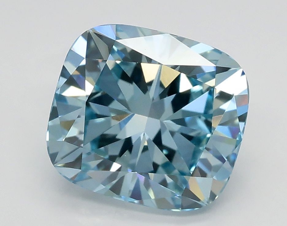 Loose Diamond - CUSHION BRILLIANT 2.54ct Fancy Intense Greenish Blue VS1: Loose Diamond - CUSHION BRILLIANT 2.54ct Fancy Intense Greenish Blue VS1 Source: This is a real non-mined Diamond that has been grown in a lab Shape: CUSHION BRILLIANT Carats: 2.54 Color: Fancy Intens