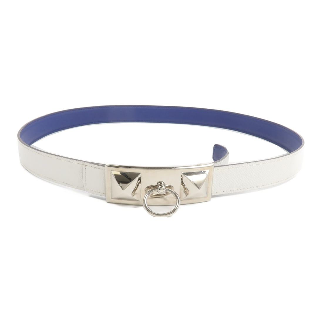 Hermes Rival 85cm Reversible Belt Veau Epsom Swift Blanc Bleu Saphire PHW: Hermes Rival 85cm Reversible Belt Veau Epsom Swift Blanc Bleu Saphire PHW Reversible women's belt in calfskin leather with a Rival design and palladium-tone hardware. Finished in Bleu Saphire and Blan