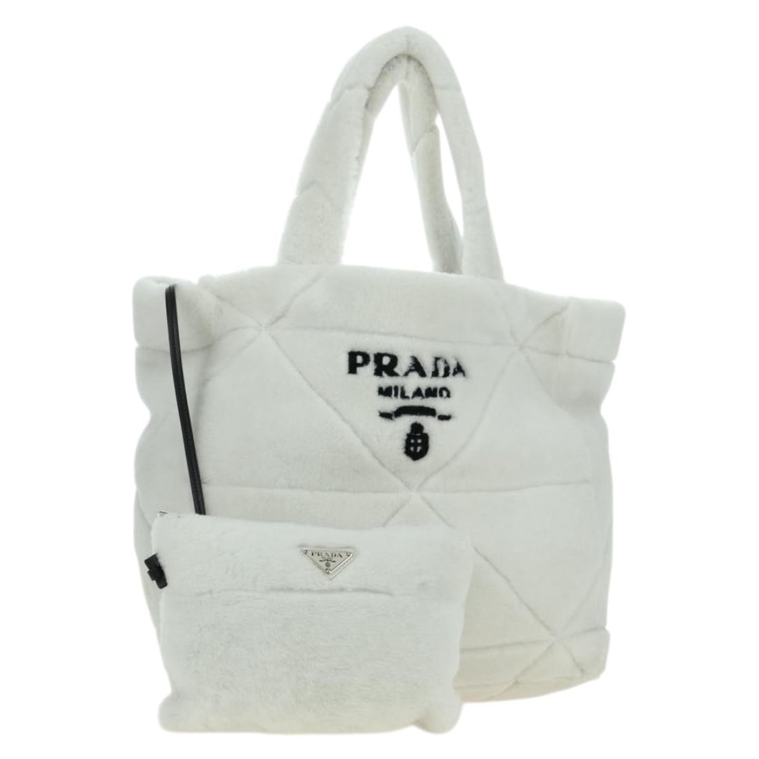 PRADA White Silver Canvas Tote Bag with Pouch Made in Italy: PRADA White Silver Canvas Tote Bag with Pouch Made in Italy Prada tote bag in white and silver canvas with a clean, structured silhouette. Made in Italy, this women's bag includes a pouch and is prese