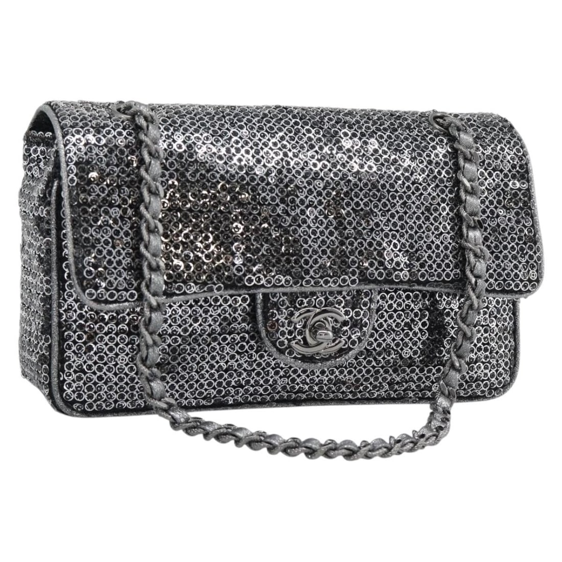 CHANEL Matelasse 25 Sequin CC Silver Leather Shoulder Bag: CHANEL Matelasse 25 Sequin CC Silver Leather Shoulder Bag Chanel Matelasse 25 chain shoulder bag in silver leather with CC detailing. Made in France, this women's shoulder bag includes the dust bag, i