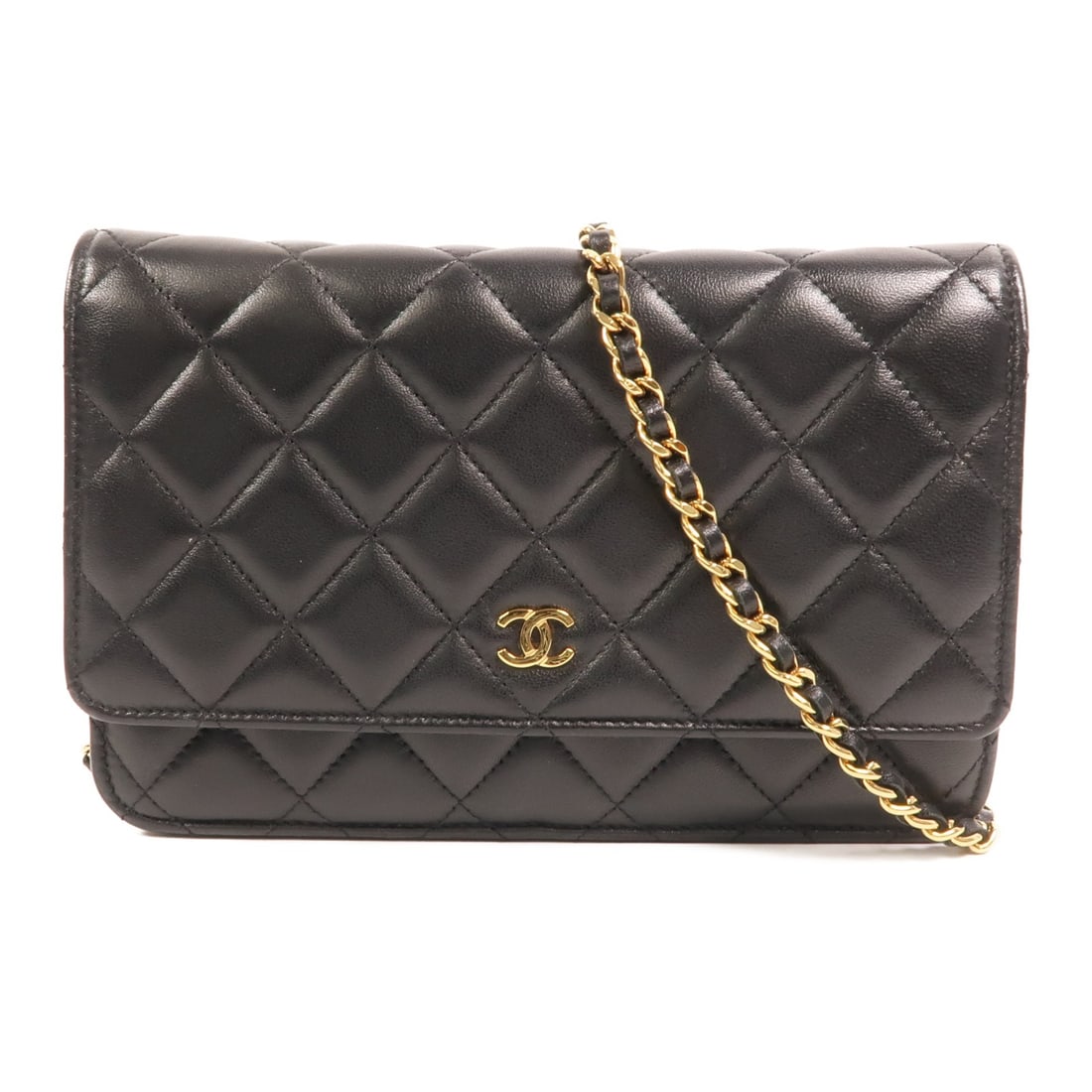CHANEL Wallet on Chain Shoulder Bag Black Lambskin CC GHW: CHANEL Wallet on Chain Shoulder Bag Black Lambskin CC GHW Chanel Wallet on Chain shoulder bag in black lambskin leather with CC design and GHW. This women's shoulder bag features a compact wallet-styl