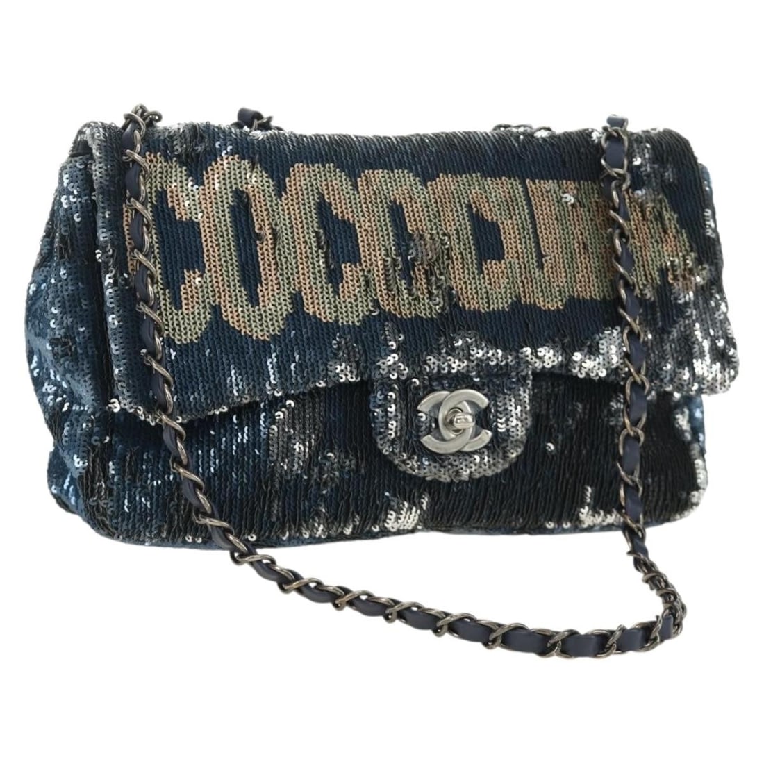 CHANEL Coco Cuba Sequin Canvas Shoulder Bag Blue Silver: CHANEL Coco Cuba Sequin Canvas Shoulder Bag Blue Silver CHANEL Coco Cuba chain shoulder bag in blue and silver canvas. This women's shoulder bag is made in Italy and includes a dust bag. Condition is 