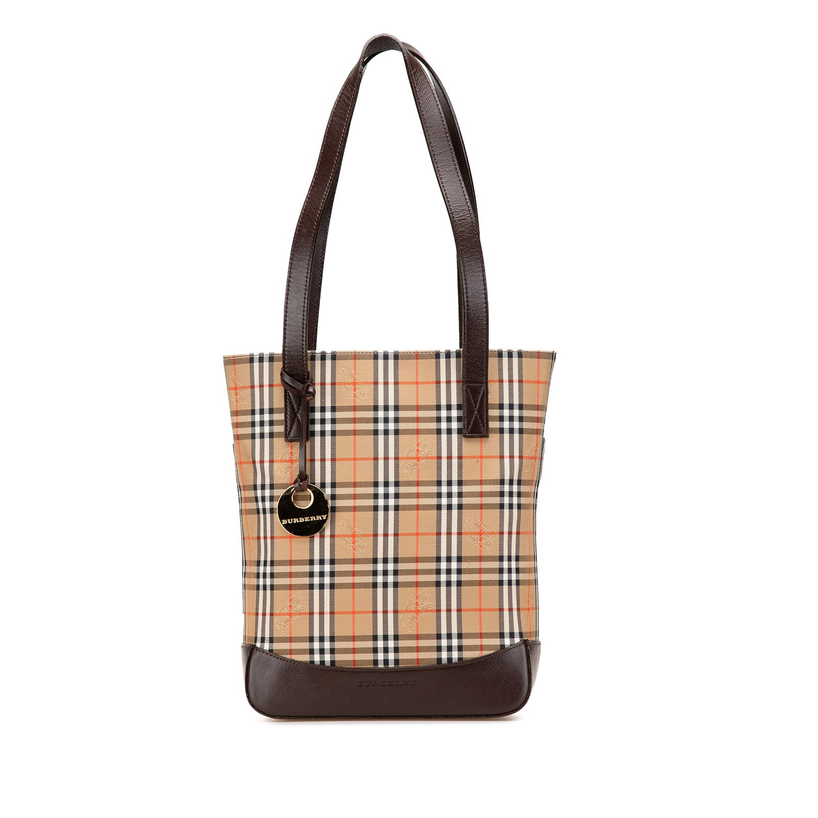 Burberry Haymarket Check Canvas Tote Bag in Brown with Leather Trim: Burberry Haymarket Check Canvas Tote Bag in Brown with Leather Trim The Burberry Haymarket Check Canvas Tote is a stylish and functional accessory designed for everyday use. This tote bag showcases a 
