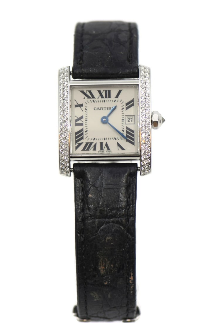 Cartier Tank Francaise Diamond 18K White Gold Watch 25mm Ref 2491: Cartier Tank Francaise Diamond 18K White Gold Watch 25mm Ref 2491 This exquisite Cartier Tank Francaise wristwatch combines elegance with luxury, featuring a stunning diamond bezel and a sleek 18K whi