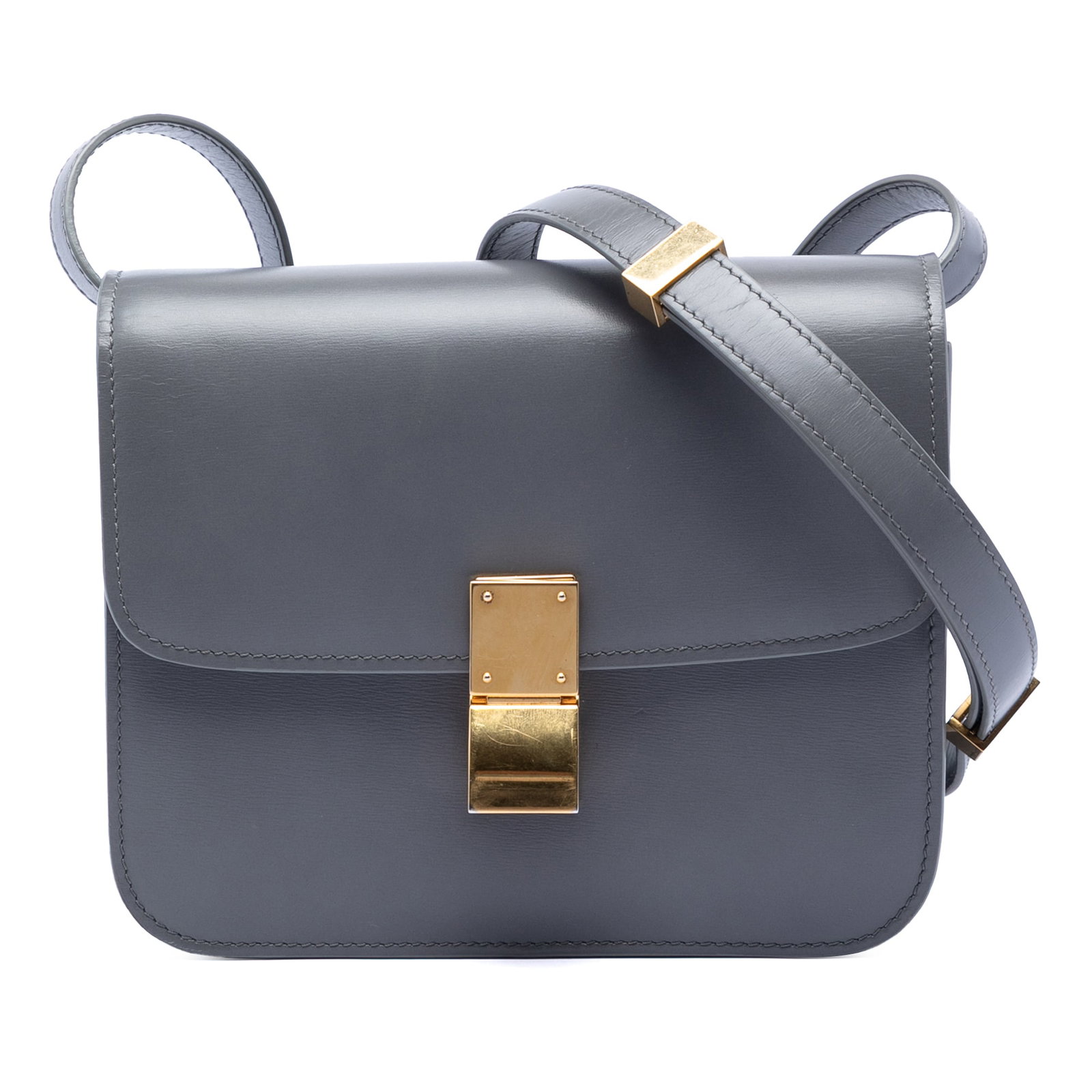 Celine Teen Classic Box Gray Leather Shoulder Bag with Detachable Strap: Celine Teen Classic Box Gray Leather Shoulder Bag with Detachable Strap This Celine Teen Calfskin Classic Box bag features a leather body in gray, a detachable flat strap, a front flap with a metal cl