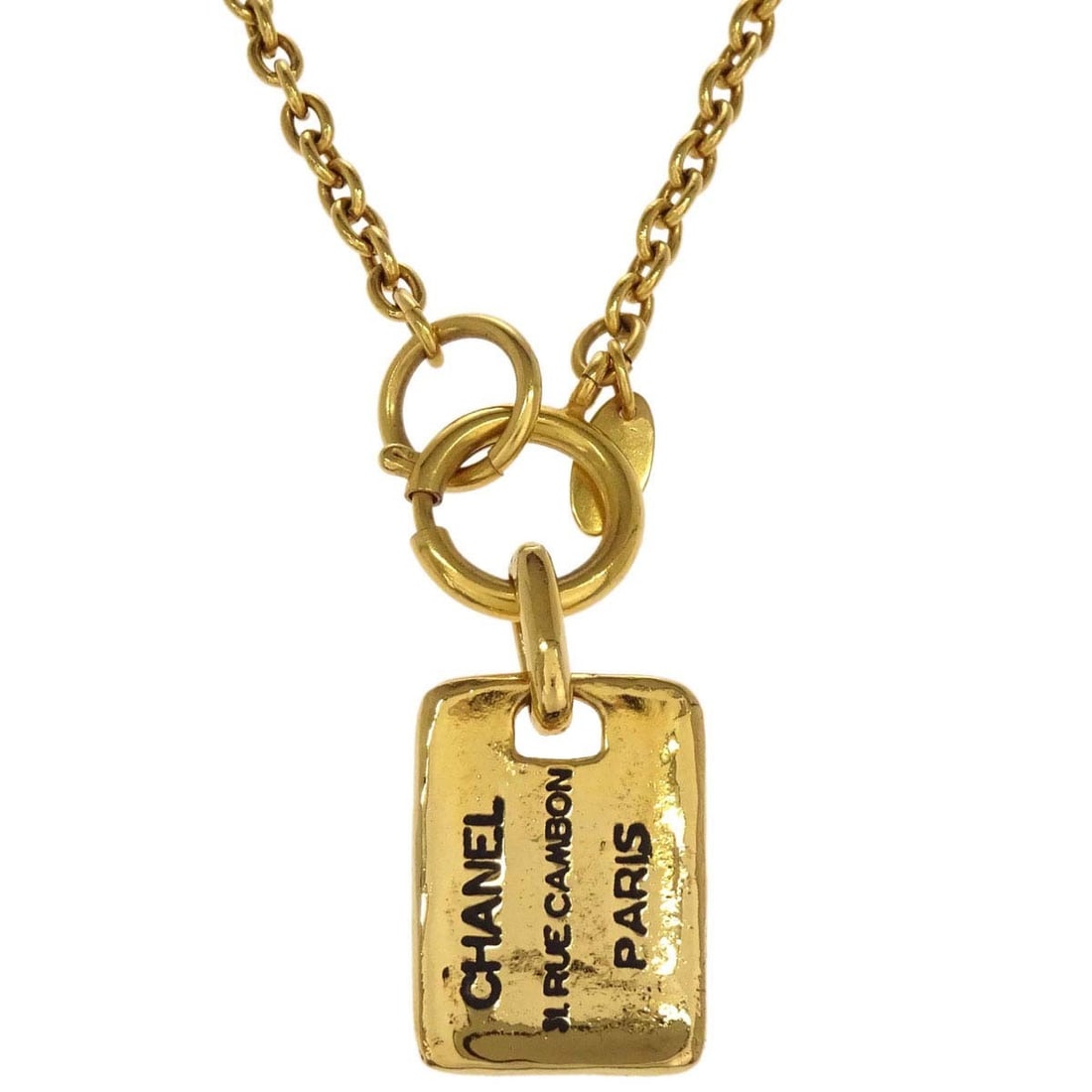 CHANEL gold plated rectangular pendant chain necklace: CHANEL gold plated rectangular pendant chain necklace Chanel rectangular pendant necklace in a gold-plated finish, designed in a chain style and made in France. Condition is rated AB, indicating very 