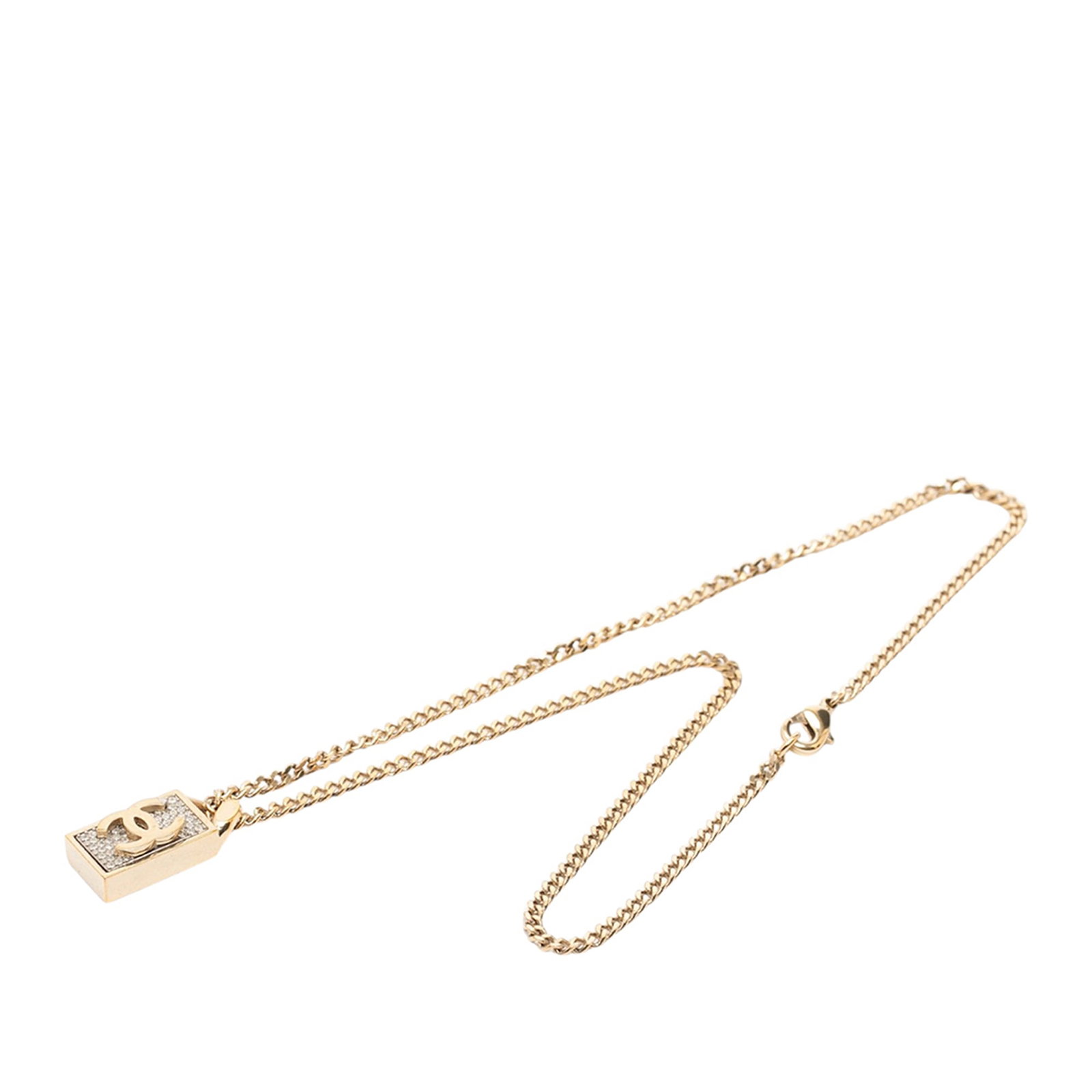 Chanel CC Pendant Gold Plated Strass Necklace: Chanel CC Pendant Gold Plated Strass Necklace This Chanel necklace features a gold plated metal body with an embossed CC pendant adorned with strass embellishments. It is secured with a lobster clasp 