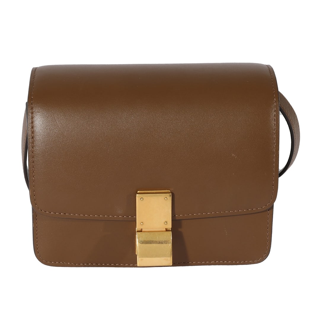 Celine Small Box Bag Brown Leather Shoulder Bag with Dustbag: Celine Small Box Bag Brown Leather Shoulder Bag with Dustbag Pre-owned Celine Small Box Bag in brown smooth leather with a structured shoulder bag silhouette. It features a push lock closure, brown le