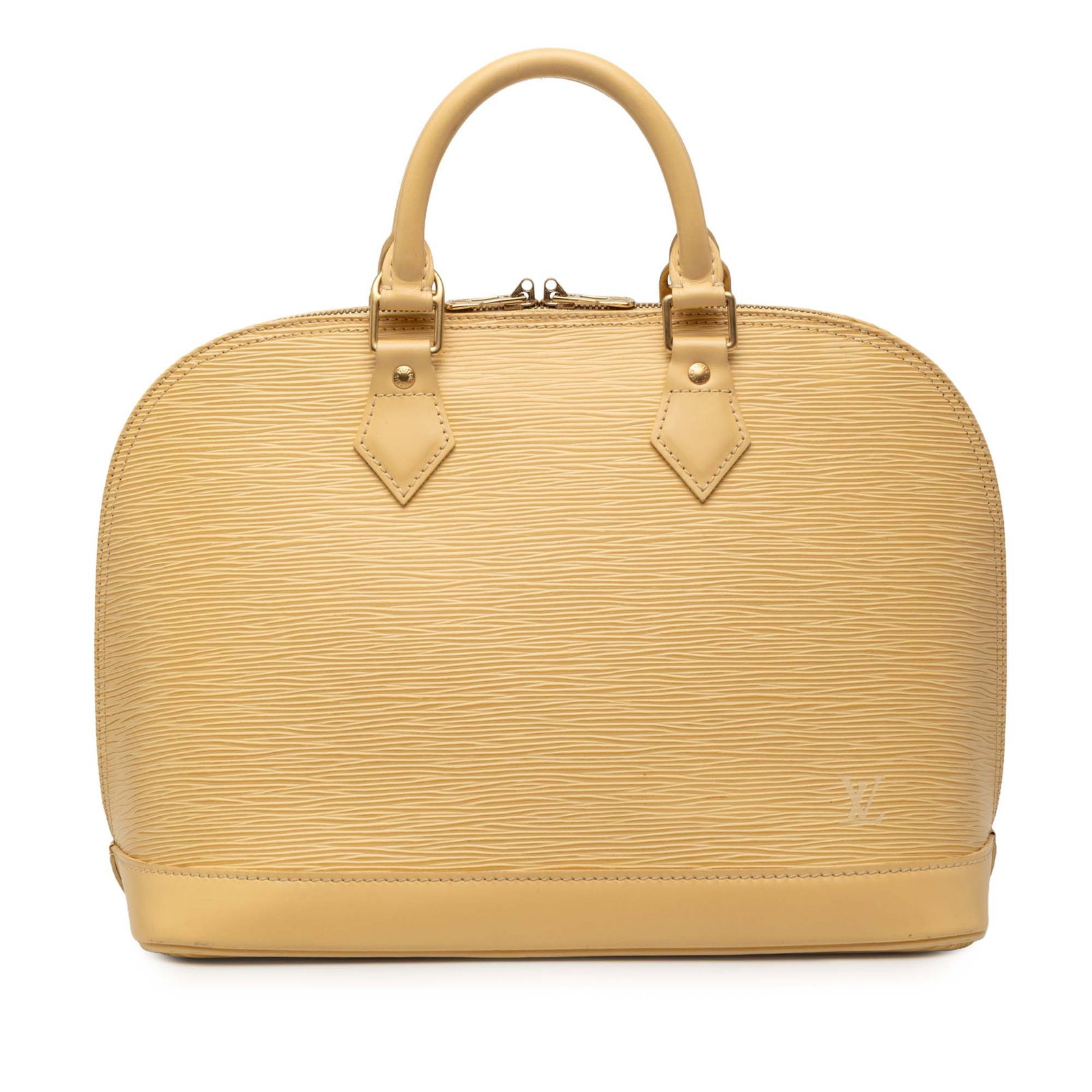 Yellow Epi Leather Alma PM Handbag by Louis Vuitton: Yellow Epi Leather Alma PM Handbag by Louis Vuitton This Louis Vuitton Epi Alma PM features a yellow epi leather body, rolled handles, a top zip closure, and an interior slip pocket. The bag shows sig