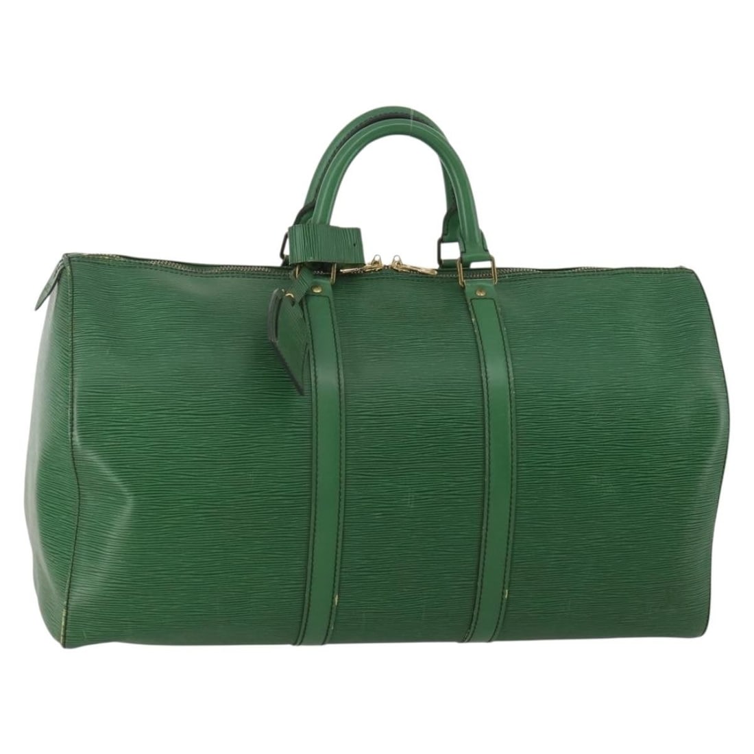 Louis Vuitton Keepall green leather duffel bag: Louis Vuitton Keepall green leather duffel bag Louis Vuitton Keepall in green leather with a unisex design. Made in France, this travel bag is presented in fair condition with visible signs of use, in