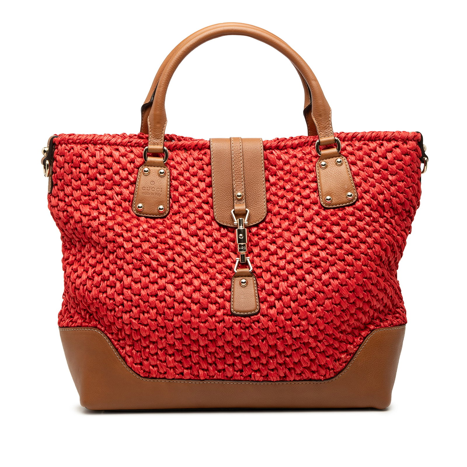 Gucci Santa Monica Tote Raffia and Leather Red Bag: Gucci Santa Monica Tote Raffia and Leather Red Bag Gucci Santa Monica Tote bag in red, featuring a raffia body with leather trim and rolled leather handles. It has an open top with strap and piston-lo