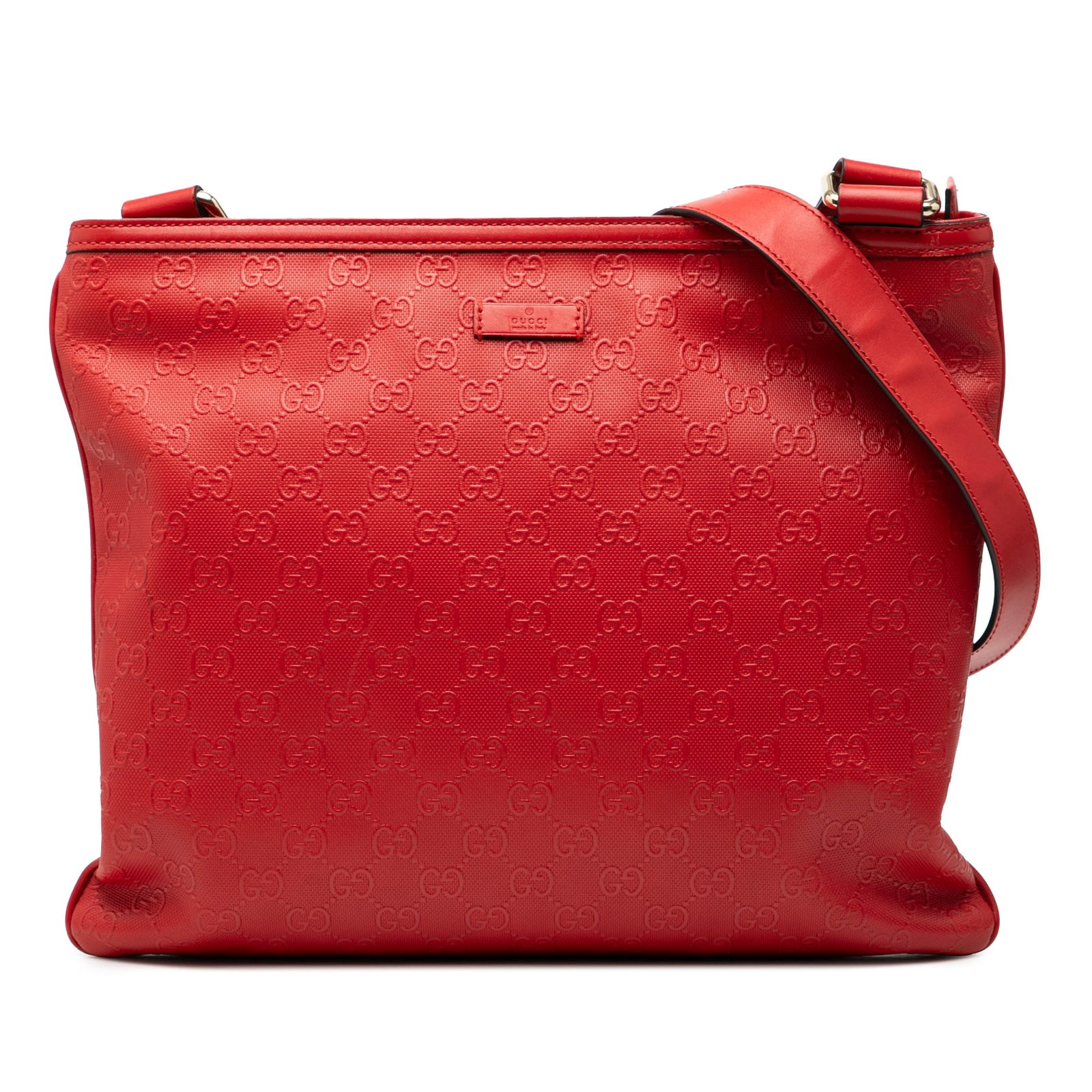 Gucci Guccissima Red Embossed Leather Adjustable Strap Crossbody Bag: Gucci Guccissima Red Embossed Leather Adjustable Strap Crossbody Bag This Gucci Guccissima crossbody bag features an embossed leather exterior, an adjustable flat leather strap, a top zip closure, and