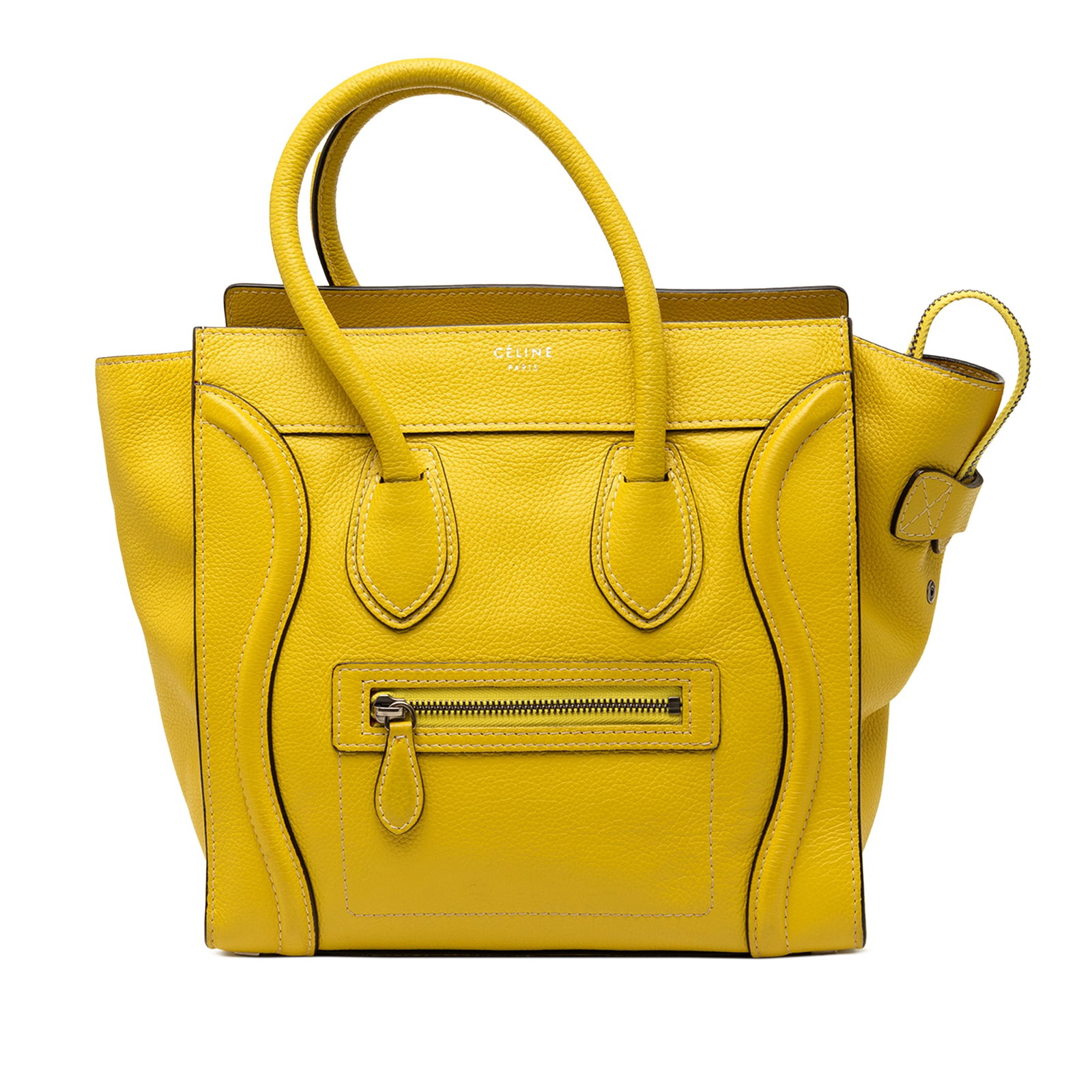 Celine yellow micro luggage tote leather bag: Celine yellow micro luggage tote leather bag This Celine Micro Drummed Calfskin Luggage Tote is crafted from textured drummed calf leather in a vibrant yellow hue. It features rolled leather handles, 