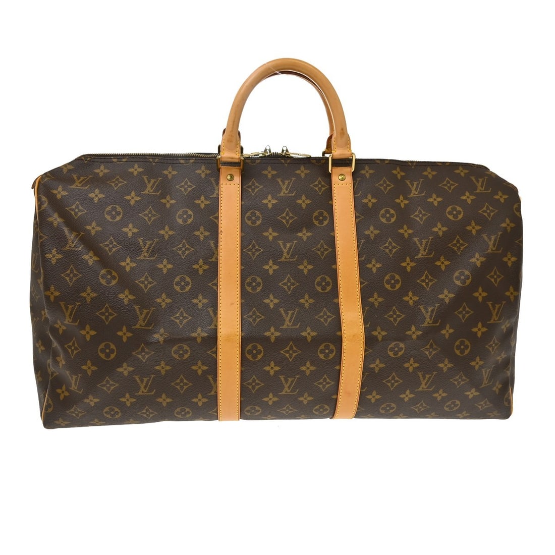 Louis Vuitton Keepall 55 Monogram Canvas Duffle Bag M41424: Louis Vuitton Keepall 55 Monogram Canvas Duffle Bag M41424 Vintage Louis Vuitton Keepall 55 travel handbag in Monogram canvas with leather trim and double handles. This extra large duffle-style bag fe