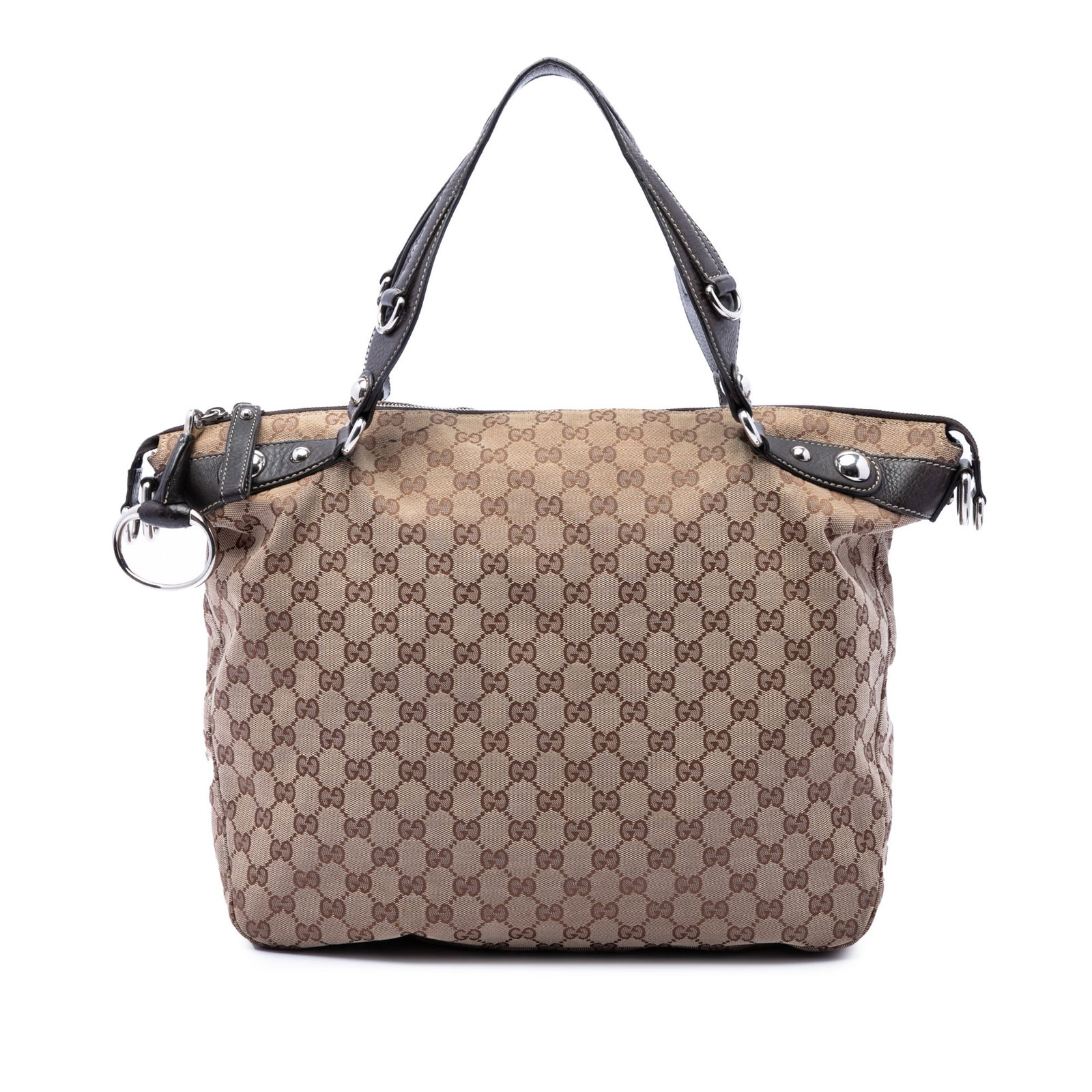 Gucci Icon Bit GG Canvas Satchel Beige Leather Trim: Gucci Icon Bit GG Canvas Satchel Beige Leather Trim Gucci GG Canvas Icon Bit Satchel in beige with a canvas body and leather trim. The bag features flat leather handles, a top zip closure, and an inte