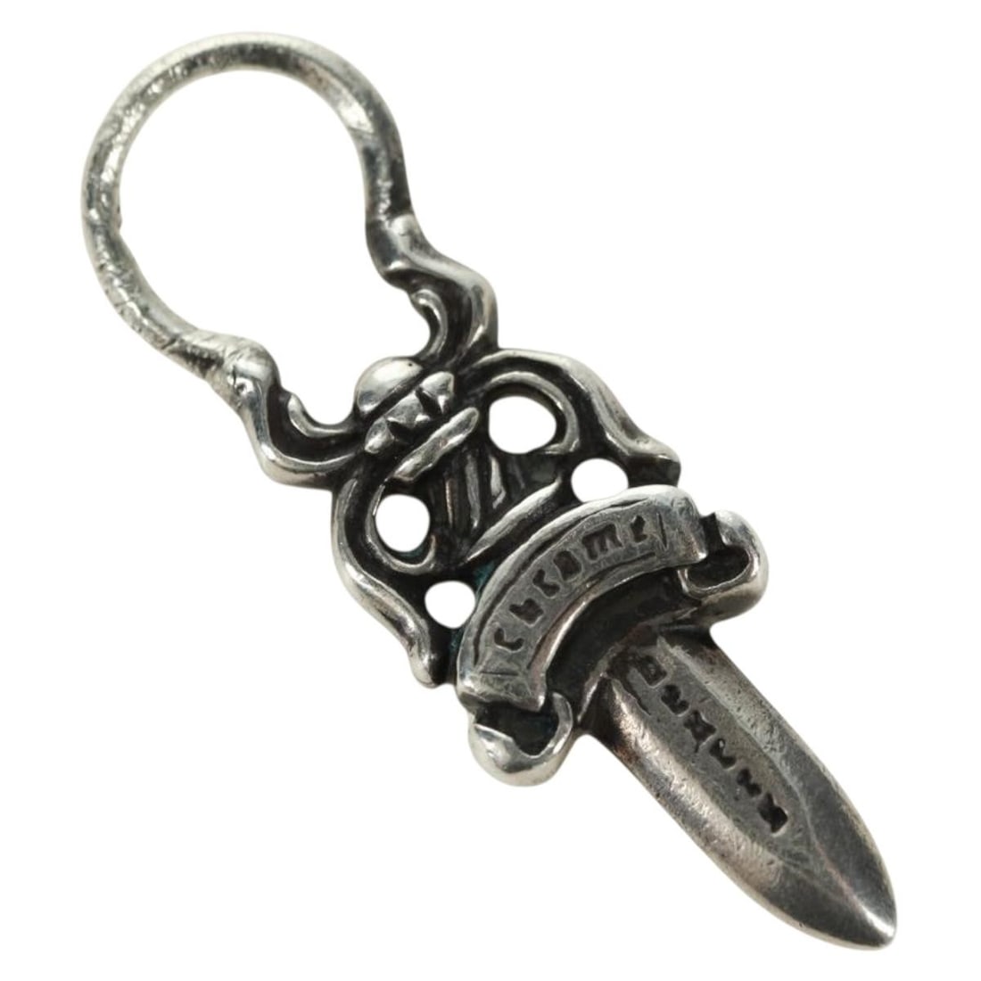 Chrome Hearts AG925 Silver Dagger Pendant Top Charm: Chrome Hearts AG925 Silver Dagger Pendant Top Charm Authentic Chrome Hearts dagger charm pendant top in silver. This women's pendant top shows reasonable wear and tear consistent with a Rank B conditi