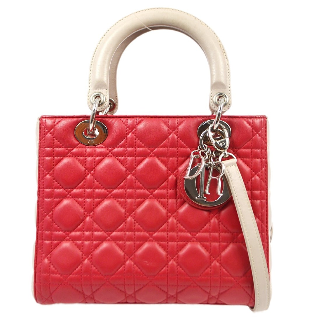 Dior Lady Dior Cannage Pink Lambskin 2way Satchel with Strap: Dior Lady Dior Cannage Pink Lambskin 2way Satchel with Strap Christian Dior Lady Dior Cannage 2-way handbag in pink lambskin with quilted detailing and double handles. This satchel-style bag features 
