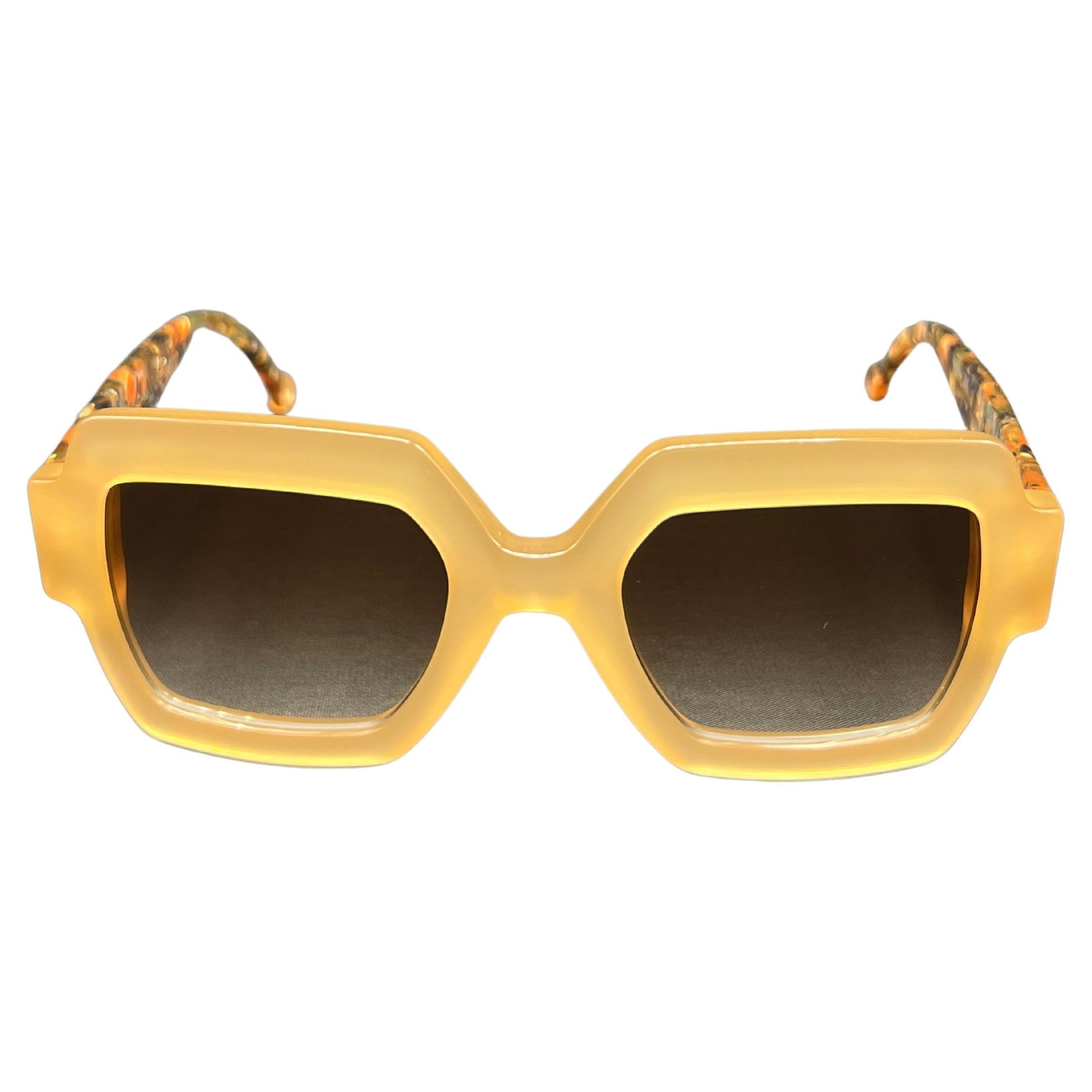 Natalie square sunglasses in light brown with case: Natalie square sunglasses in light brown with case Square sunglasses with sand light brown frames and black gradient lenses. Made in France and offered with a case. Condition: excellent. Specification