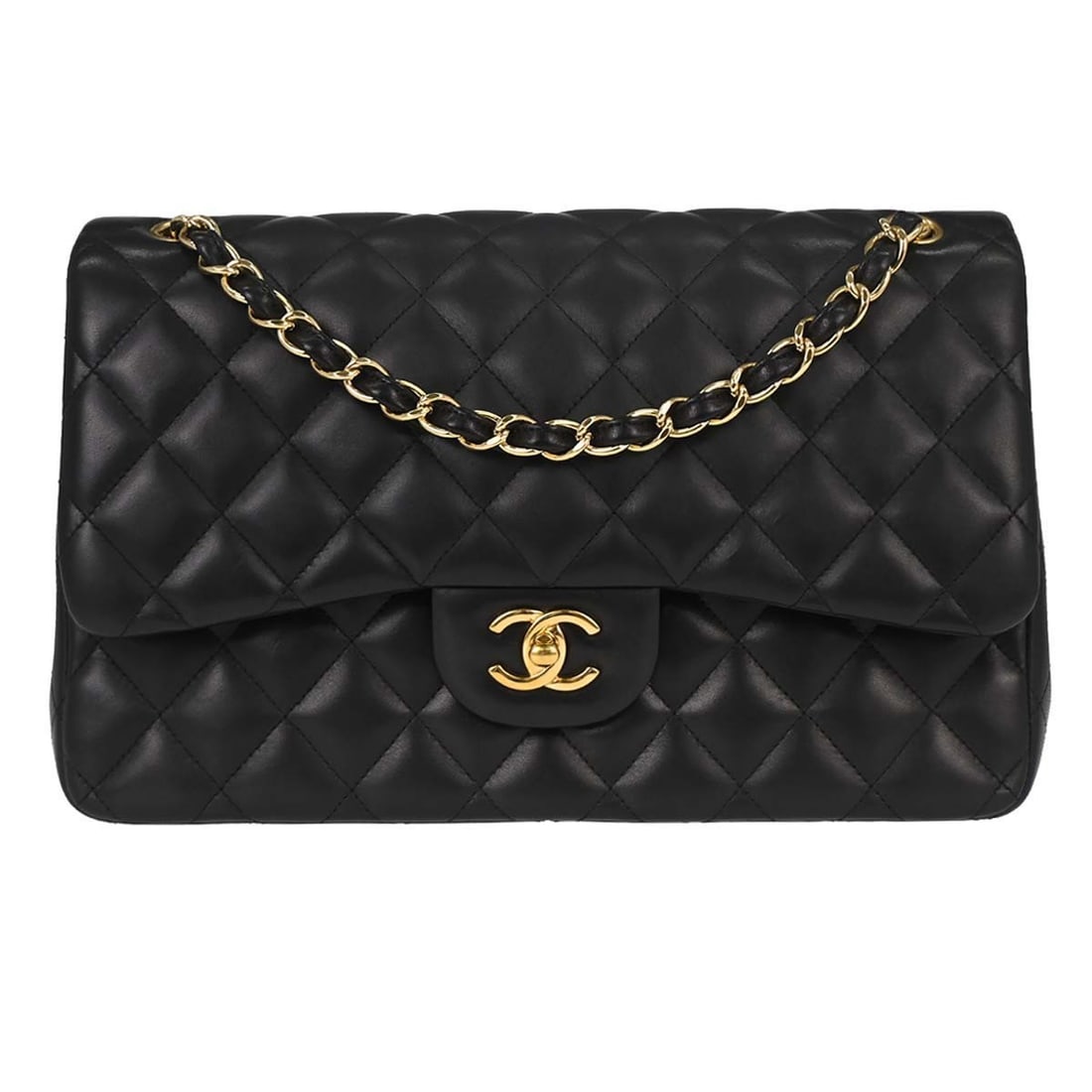 CHANEL Classic Double Flap Jumbo Shoulder Bag Black Lambskin: CHANEL Classic Double Flap Jumbo Shoulder Bag Black Lambskin Chanel Jumbo Classic Double Flap shoulder bag in black lambskin leather with a turn-lock closure and red lining. This large women's shoulde