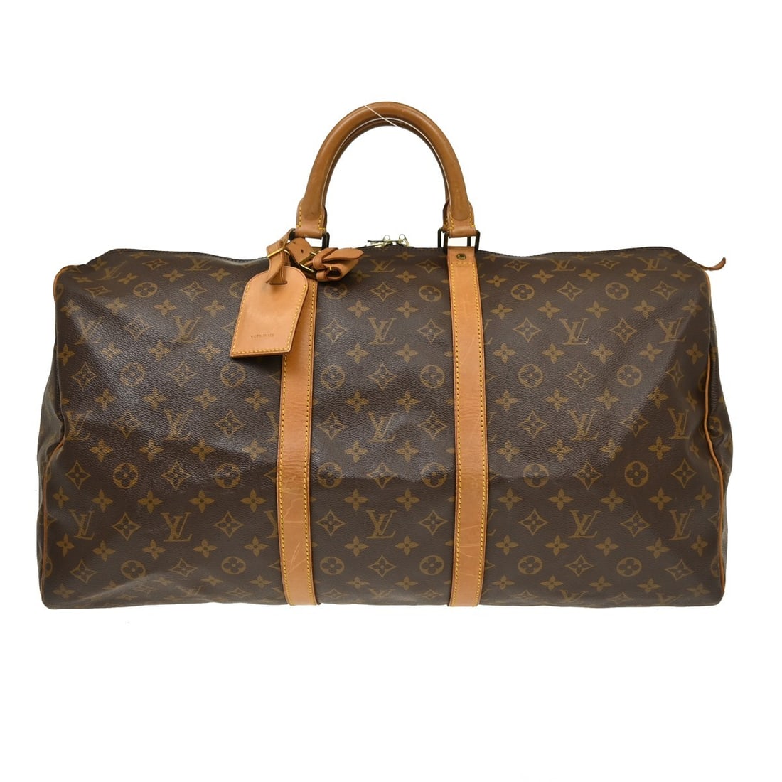 Louis Vuitton Keepall 55 Monogram Duffle Bag M41424 France: Louis Vuitton Keepall 55 Monogram Duffle Bag M41424 France Vintage Louis Vuitton Keepall 55 travel handbag in Monogram canvas and leather. This extra-large duffle-style bag features double leather han