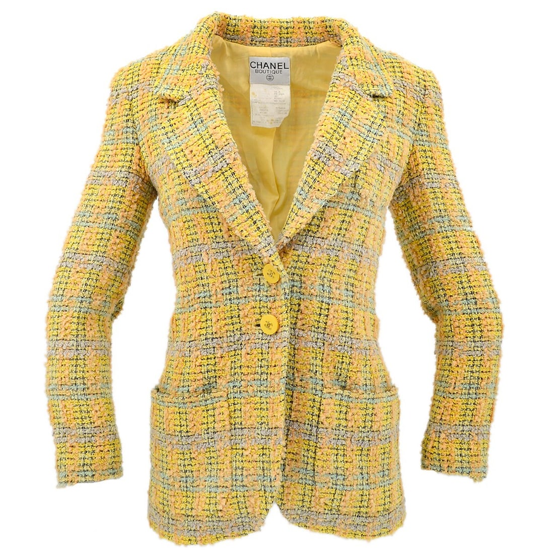 Vintage CHANEL 94A Yellow Tweed Jacket Size 36 France: Vintage CHANEL 94A Yellow Tweed Jacket Size 36 France Vintage Chanel single-breasted jacket in yellow tweed with a collared design, long sleeves, and a regular fit. This women's jacket features logo a