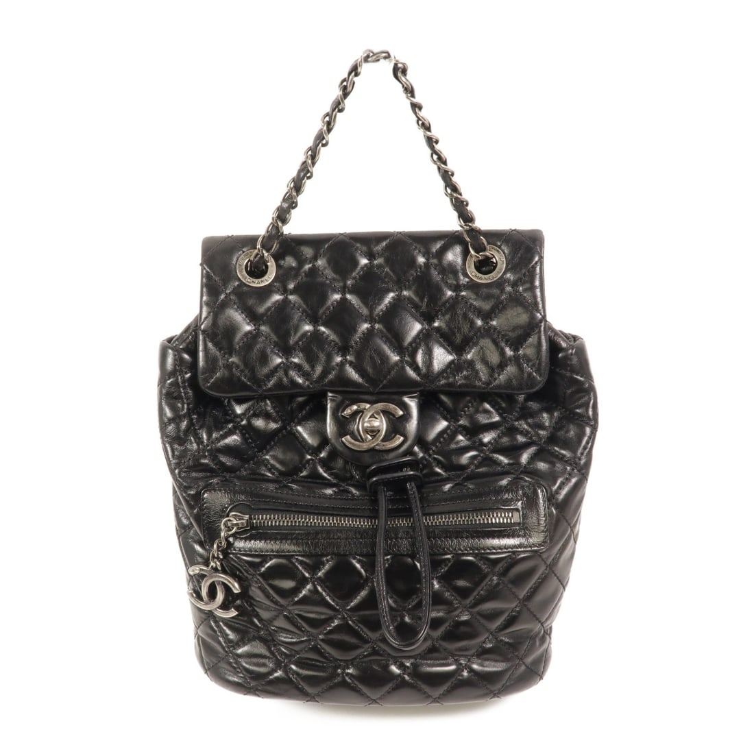 CHANEL CC Calfskin Rucksack Backpack in Black with SHW: CHANEL CC Calfskin Rucksack Backpack in Black with SHW Black calfskin leather rucksack backpack with CC hardware styling and a turn-lock closure. Made in France, this women's bag features an exterior 